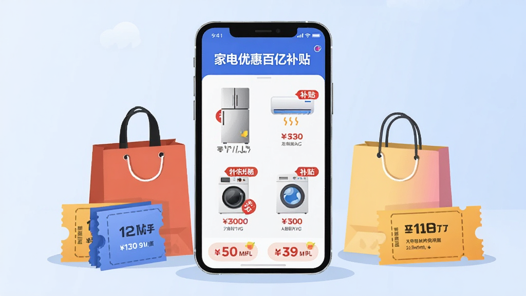 画面中央放置一部智能手机,屏幕显示“家电优惠百亿补贴”APP首页界面,界面中有冰箱、空调、洗衣机等家电图标和补贴标签,手机周围散落一些购物袋和优惠券卡片,背景是浅蓝色渐变,整体布局采用居中构图,风格为扁平化插画,细节上突出家电品类和补贴金额数字,画质清晰,干净,无多余元素