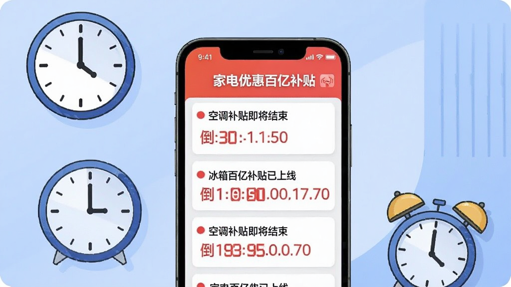 画面主体是一个手机屏幕,屏幕内显示“家电优惠百亿补贴”APP的推送通知列表,通知内容包含“空调补贴即将结束”“冰箱百亿补贴已上线”等文字,手机旁边有一个时钟图标和闹钟元素,布局为手机居中、时钟在左上角,风格为现代科技感插画,细节上突出通知红点和倒计时数字,画质清晰,干净,无多余元素