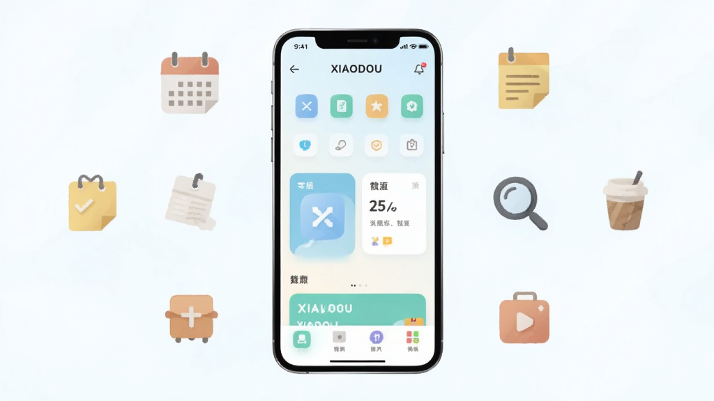 һ��չʾXIAODOUӦ����������ֻ���ͼ���廭������������һ���ִ������ֻ�����Ļ����ʾ��XIAODOUӦ�õ���ҳ���֣�������ǳɫΪ��ɫ������������ͼ��Ϳ�Ƭʽ��Ϣչʾ�����ֻ���Χ�����ż�������Ԫ��ͼ������������ǩ���Ŵ󾵵ȣ����������¼�Լ���Ű���жԳƣ����������ɾ����޶���װ��Ԫ��