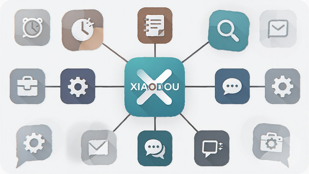 һ��չʾXIAODOU���ܾۺϸ������Ϣͼ���廭������������XIAODOUӦ��ͼ�꣬��Χ�Է���״�����Ŷ������ģ��ͼ�꣬����ʱ�ӡ��ʼǡ����������õȣ����岼���������򣬷�������񣬻��ʸɾ�����