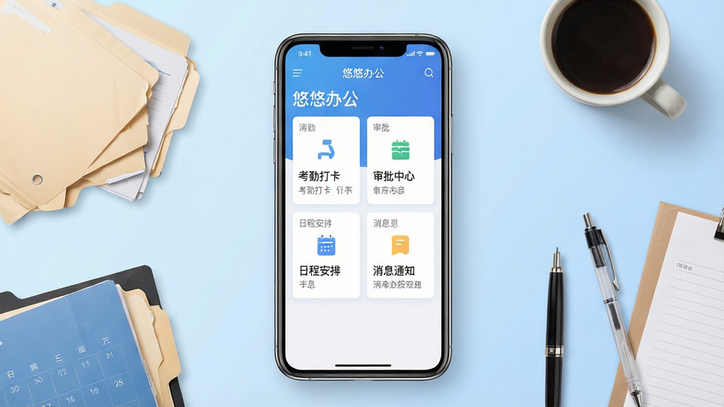 һ��չʾ���ư칫�ƶ����������дʵ���ͼƬ������������һ�����������ֻ�����Ļ����ʾ�����ư칫��Ӧ����ҳ���������ڴ򿨡��������ġ��ճ̰��š���Ϣ֪ͨ�ĸ���Ҫ���ܿ�Ƭ������Ϊ����ɫ���䣬�ֻ���Χɢ�����ļ��С����ȱ���ǩ�ֱʵȰ칫Ԫ�أ����岼�־��жԳƣ����������ϸ�����������ʸɾ����޶���Ԫ��