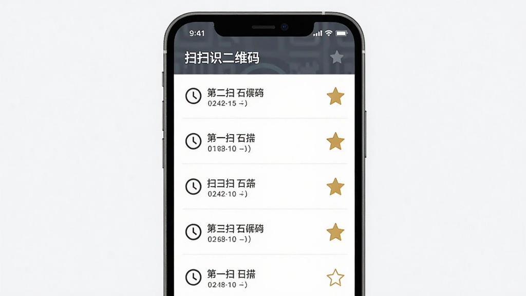 �ֻ���Ļ��ʾ��ɨɨʶ��ά�롱����ʷ��¼�б����б��а����������ʱ��ͼ���ɨ����Ŀ���Ҳ����Ǳ��ղذ�ť���������ֻ�Ӧ�ý��棬����Ϊ��ֱ�б������Ϊ��Լ����磬ϸ�����б���֮����ǳ��ɫ�ָ��ߣ��Ǳ�Ϊ��ɫ����������������ɾ����޶���Ԫ��