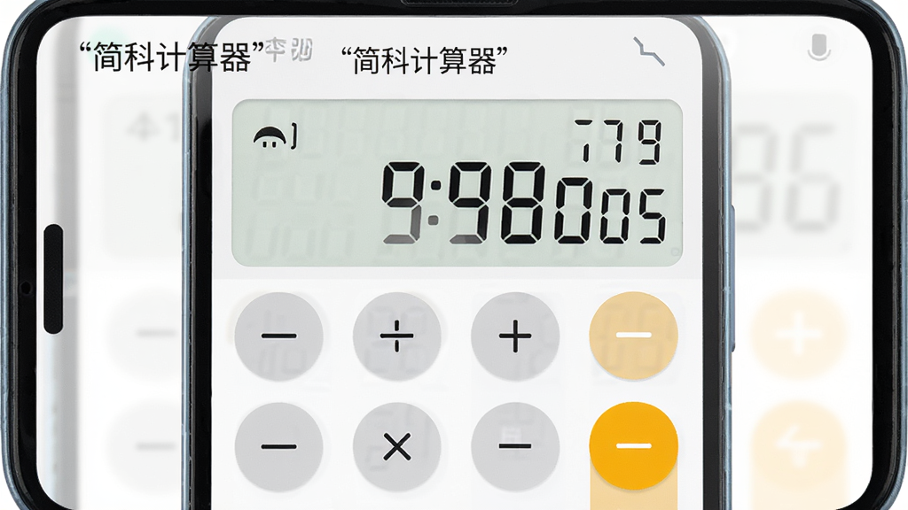 一部安卓手机竖屏展示简科计算器主界面,主体为居中大尺寸数字显示屏与四列圆形按键,布局上下分区,排版简洁整齐,风格为现代扁平化浅色主题,细节包含清晰数字、加减乘除符号、等号高亮色块,画质高清干净无多余元素,屏幕上方用引号标注文字“简科计算器”