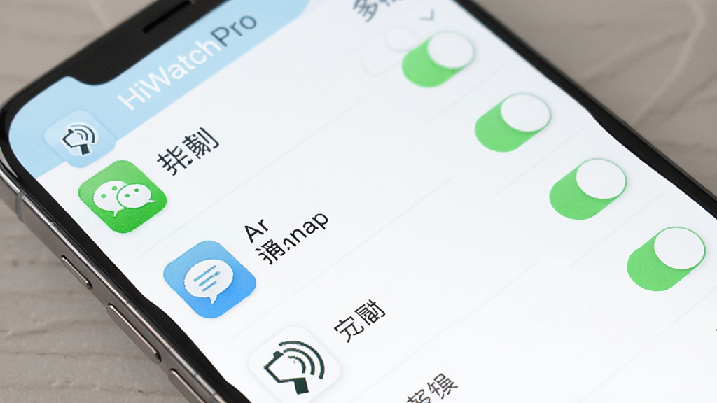 HiWatchPro��Ϣ֪ͨ���ý��棬����Ϊ�ֻ���Ļ��ʾӦ���б��뿪�ذ�ť������Ϊ�����б����У��Ű����룬���Ϊ����ǳɫUI��ϸ�ڰ���΢��ͼ�ꡢ����ͼ�ꡢ����״̬��