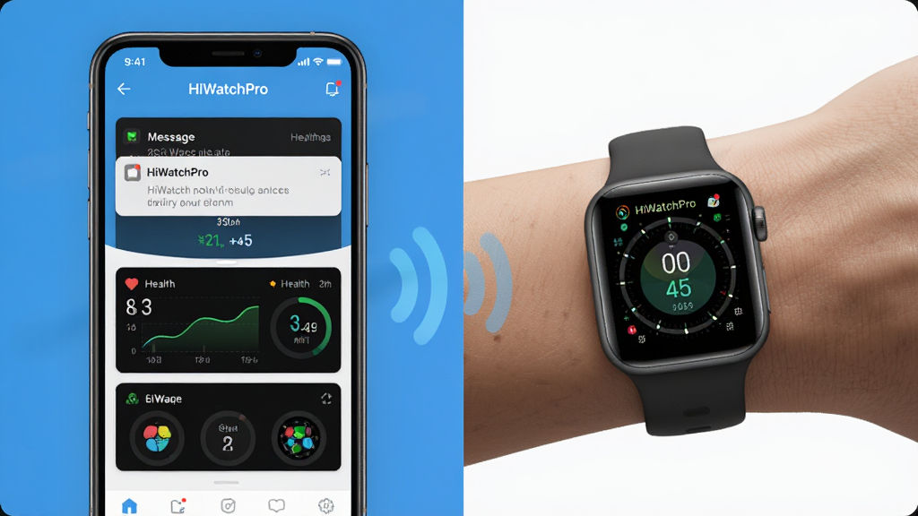 HiWatchPro����������չʾ��������һ�������ֻ��������ֱ�ͨ���������ӣ�����Ϊ�ֻ���Ļ��ʾHiWatchProӦ�ý��棬�ֱ�����������ϣ��Ű�������ҷ���չʾ�ֻ����ֱ�ͬ��״̬�����Ϊ�ִ��Ƽ���UI��ƣ�ϸ�ڰ�����Ϣ֪ͨ��������������ͼ�������̸���ѡ������������ɾ����޶���Ԫ��