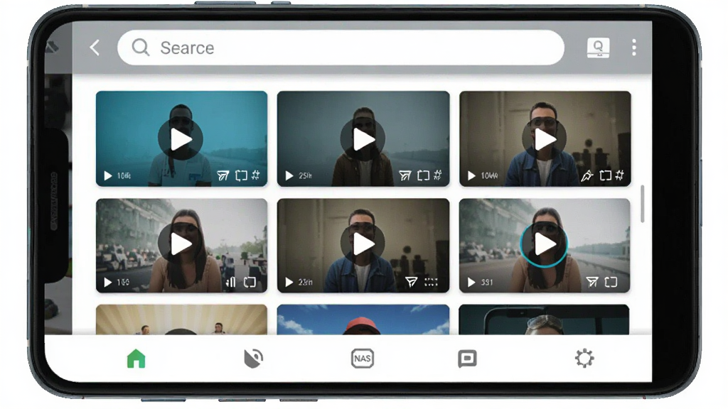 һ��չʾQvideo����������ֻ�����ͼ������Ϊһ��������׿�ֻ�����Ļ����ʾQvideoӦ�õ������棬���ְ����������������м���Ƶ����ͼ���񡢵ײ����������Ű���þ��й�ͼ�����Ϊ�ִ��Ƽ���UIչʾ��ϸ�ڰ�����������Ƶ���桢���Ű�ťͼ�ꡢNAS�豸����״̬��ʶ�������������ɾ����޶���Ԫ�ء�