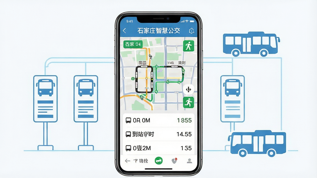 һ��չʾʯ��ׯ�ǻ۹����ֻ�APP����ĸ���ͼ��������һ̨���������ֻ�����Ļ����ʾʵʱ������ͼ�͵�վ����ʱ�б��������С�ʯ��ׯ�ǻ۹��������ֱ�ʶ������Ϊ�ֻ����У���Χ���Ƶ���ɫ�������յĹ���վ�ƺ���ʻ�еĹ�����ͼ�꣬�Ű���Գƣ����Ϊ�ִ���ƽ���Ƽ��磬ϸ�ڰ��������Ĺ���·�ߡ�ʱ�����֡���ɫ����ͼ�꣬���ʸ��壬����ɾ����޶���Ԫ��
