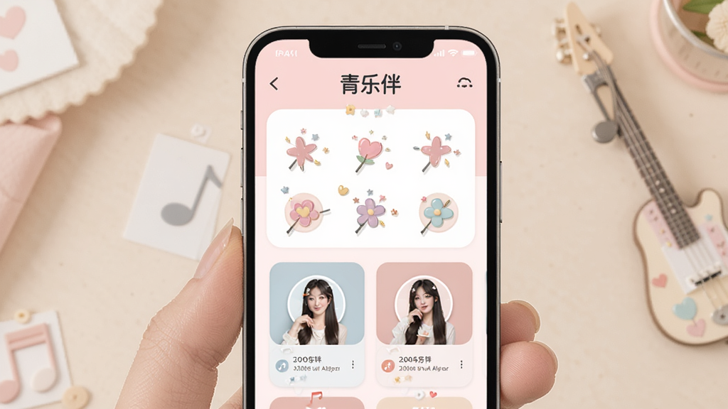 一张展示青乐伴个人音乐空间编辑界面的图片,画面中手机屏幕显示可拖拽的装饰元素和音乐卡片,顶部有“青乐伴”标识,背景为淡粉色,界面布局分区清晰,风格可爱温馨,画质精细,干净无多余元素