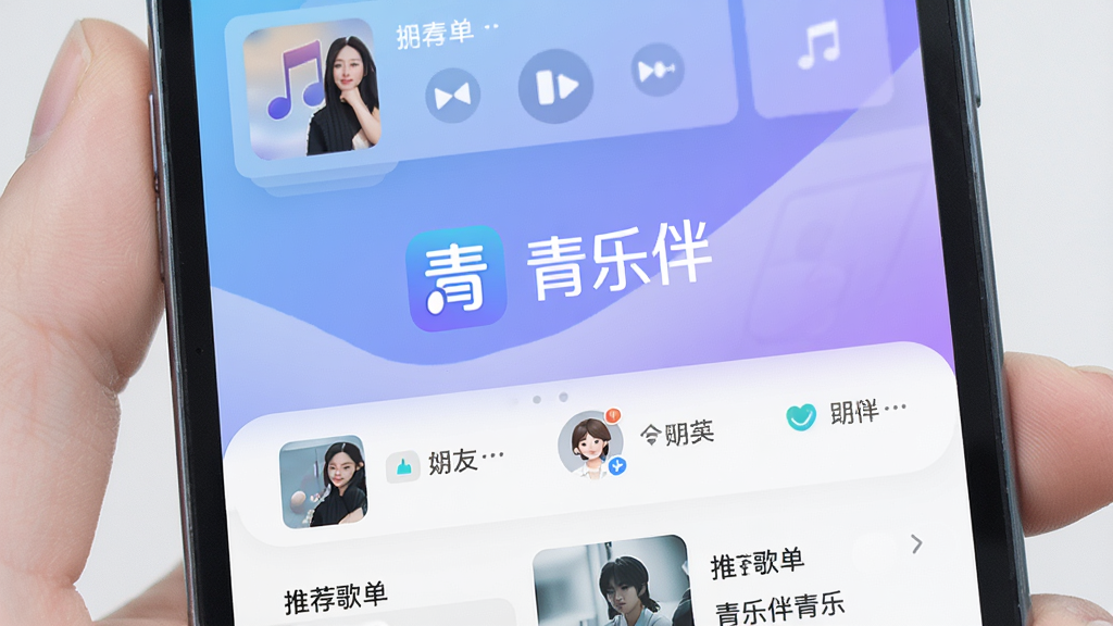一张展示手机屏幕上青乐伴应用主界面的图片,画面中央是青乐伴的Logo和名称“青乐伴”,背景为柔和的蓝紫色渐变,界面中可见音乐播放卡片、好友互动图标和推荐歌单列表,整体风格清新现代,布局简洁,画质清晰,干净无多余元素