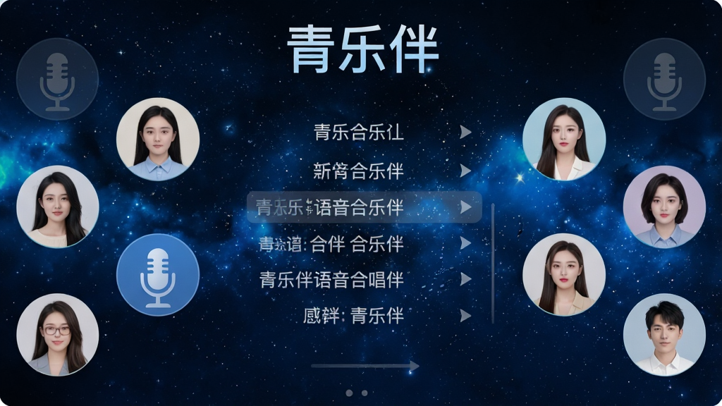 一张展示青乐伴语音合唱房间界面的图片,画面中多个用户头像围绕麦克风图标排列,屏幕中央显示歌词滚动条,顶部有“青乐伴”字样,背景为深蓝色星空,风格沉浸科技感,布局居中对称,画质高清,干净无多余元素