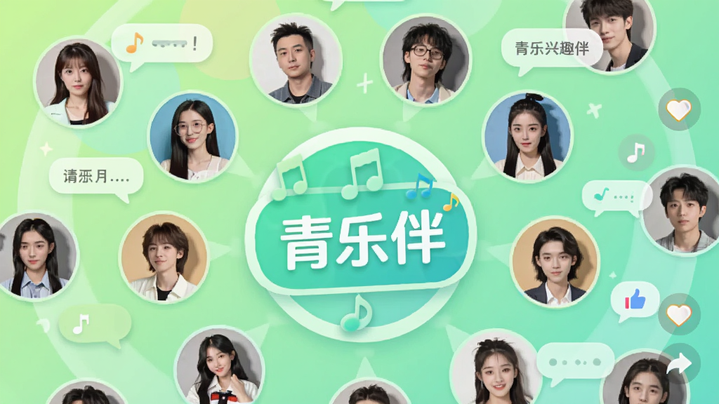 一张展示青乐伴兴趣圈子界面的图片,画面中多个圆形头像围绕一个音乐主题标签排列,标签上写着“青乐伴”,背景为浅绿色渐变,界面中可见讨论气泡和点赞图标,风格活泼清新,布局呈放射状,画质清晰,干净无多余元素