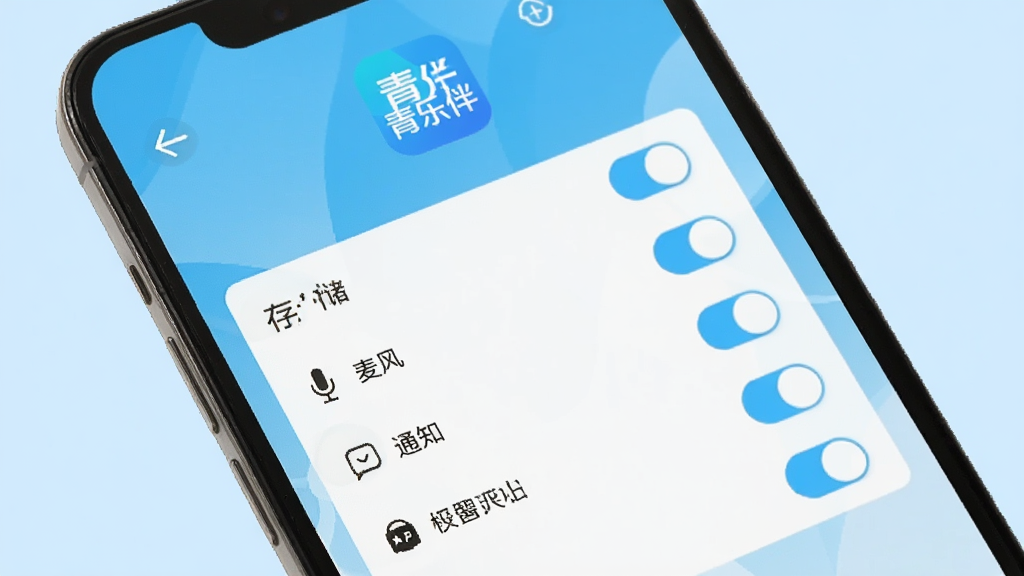 一张展示青乐伴在手机上安装权限设置界面的图片,画面中手机屏幕显示权限开关列表,包括存储、麦克风、通知等选项,顶部有“青乐伴”应用图标,背景为浅蓝色,界面布局清晰,风格简洁实用,画质清晰,干净无多余元素