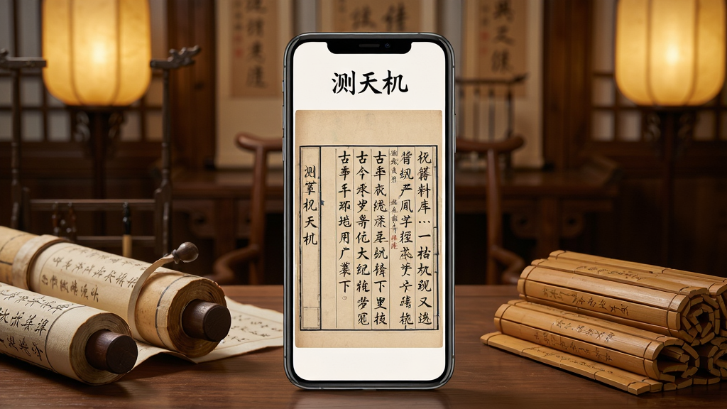 һ��չ�֡���������ż����Ͽ⹦�ܵ�ͼƬ���������ֻ���Ļ��ʾ�Źŵ��鼮��ҳ�棬ҳ�������������Ա��о�������װ�Σ������ǹ�ɫ������鷿������ůɫ�ƹ⣬���Ϊдʵ�й��磬����ϸ�壬�ɾ��޶���Ԫ��