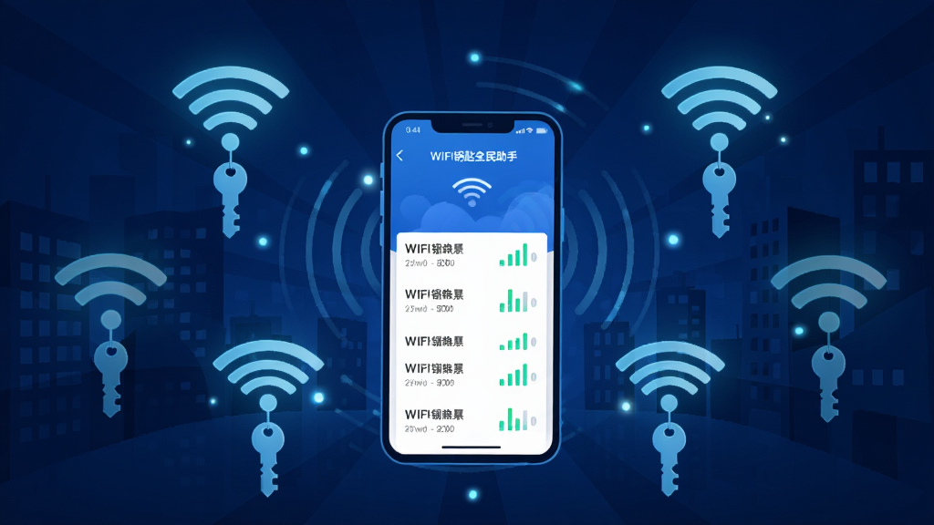 һ���Գ���ҹ��Ϊ�����Ĳ廭��������ɢ���Ŷ�������WiFi�ź�ͼ�꣬ÿ��ͼ���·�������һ��СԿ��ͼ����������һ���ֻ���Ļ��ʾWiFiԿ��ȫ�����ֵ��ȵ��б����棬�������ж���ȵ����ƺ��źŸ�������Ϊ����ɫ�Ƽ��У����ֲ������ķ���ʽ��ϸ�ڰ����źŲ��ƺ͹�㣬���ʸ��壬�ɾ����࣬�޶���Ԫ��