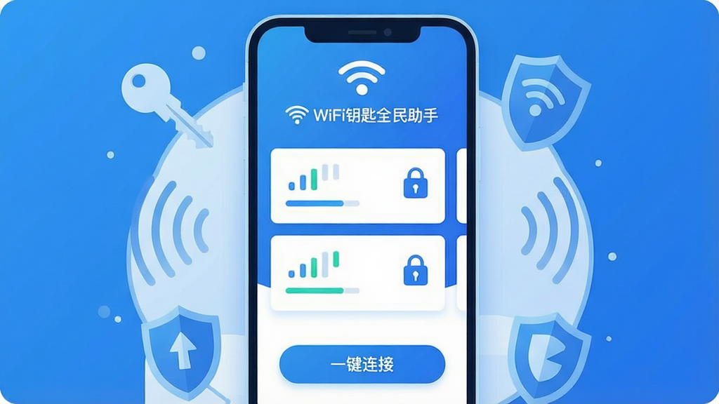 һ��չʾ�����ֻ�����Ĳ廭������������WiFiԿ��ȫ������Ӧ�õ���ҳ�棬��ɫ���䱳����������ʾWiFi�ź�ͼ���