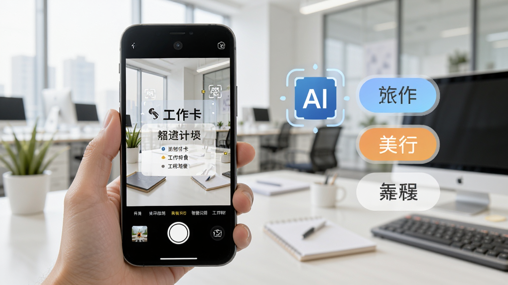 AIˮӡ������AI����ʶ����չʾ��������һ���ֻ���������칫���������ֻ���Ļ�ϵ�ˮӡ�Զ��л�Ϊ������ģ�壬��Ļ�Ա߸��ֳ�AIʶ��ͼ��Ͷ��������ǩ�繤�������С���ʳ�����̣�����Ϊ�����İ칫�һ��������дʵ�Ƽ��У���������������Ϊ���ģ��ɾ��޶���Ԫ��