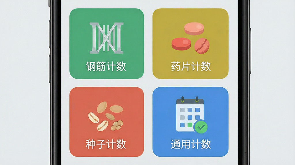 拍照扫描计数多场景模式选择界面截图,画面展示手机屏幕上有四个大图标按钮,分别标注“钢筋计数”“药片计数”“种子计数”“通用计数”,背景为浅灰色,图标为扁平化设计。主体是手机界面,布局为两行两列网格排列,风格为简洁工具类APP,细节图标颜色各异,画质高清,干净,无多余元素
