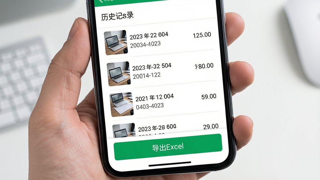 拍照扫描计数历史记录与导出界面预览图,画面展示手机屏幕上的历史记录列表,每条记录左侧有缩略图,右侧显示日期和数量,底部有“导出Excel”按钮。主体是手机界面,布局为垂直列表排版,风格为效率办公类APP,细节有清晰的文字层级和绿色导出按钮,画质高清,干净,无多余元素