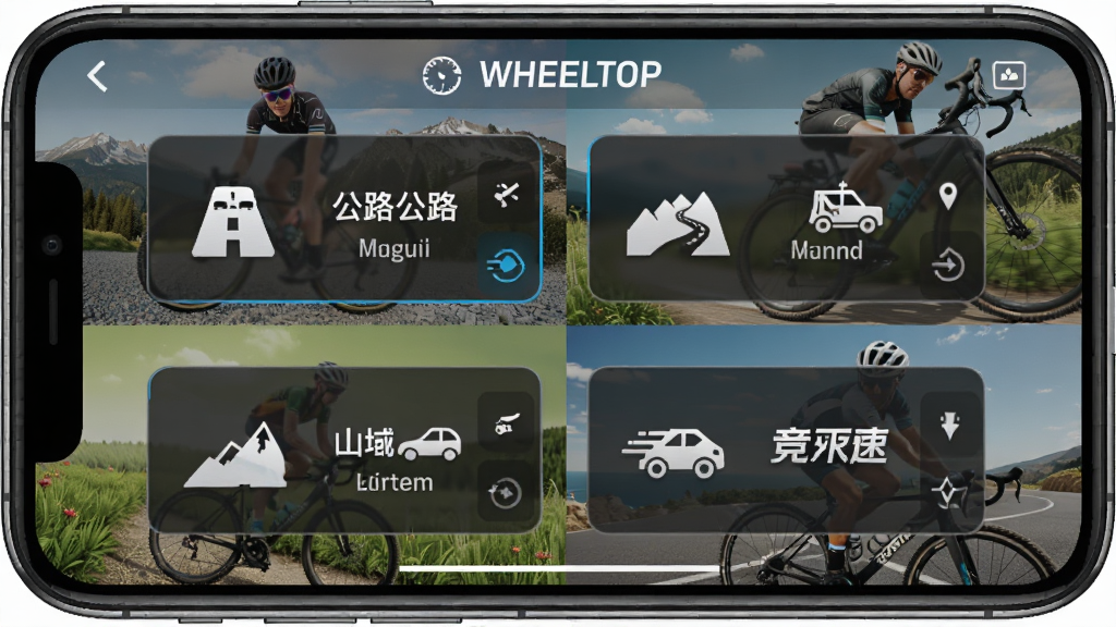 �ֻ���Ļ��ʾ��WHEELTOP��ģʽѡ����棬�й�·��ɽ�ء����¡������ĸ�ͼ�갴ť������Ϊ��ͬ���г���ƴ��������Ϊ�������У����Ϊ�˶�Ӧ�ý��棬ϸ����ģʽ���ƺ�ѡ�и��������ʸ��壬�ɾ����޶���Ԫ��