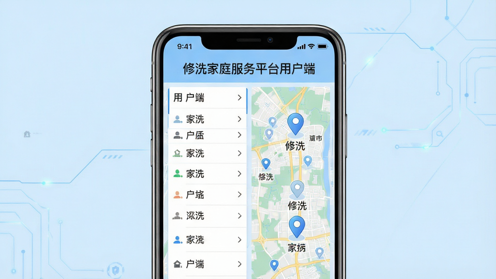 һ��չʾ��ϴ��ͥ����ƽ̨�û��˶���и��ǵ�ͼƬ������Ϊ�ֻ���Ļ����Ļ����ʾ�����б��͵�ͼ��λͼ�꣬����Ϊ�ֻ����У�����Ϊǳ��ɫ���Ű����������Ϊ�Ƽ��е�ͼ�磬ϸ����ͻ���������ƺͶ�λ��ǣ����֡���ϴ��ͥ����ƽ̨�û��ˡ���ʾ����Ļ���������ʸ��壬�ɾ����޶���Ԫ��