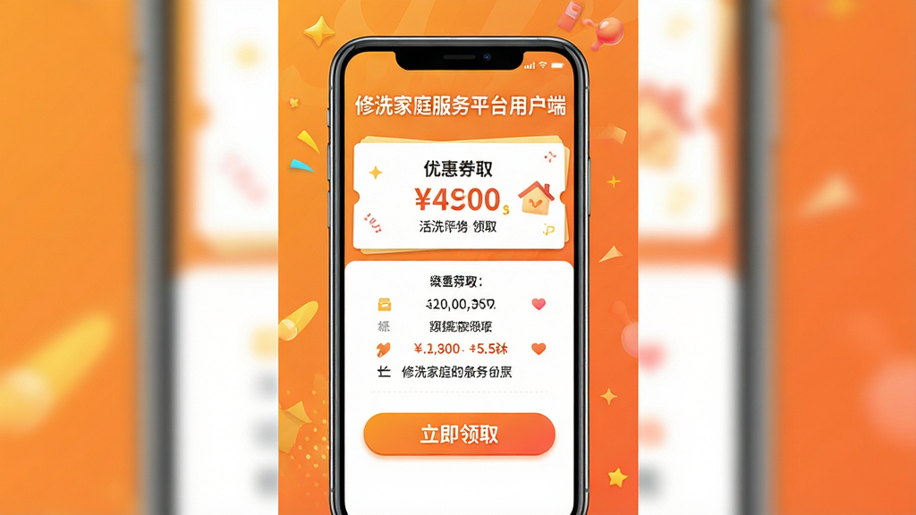 һ��չʾ��ϴ��ͥ����ƽ̨�û����Żݻҳ���ͼƬ������Ϊ�ֻ���Ļ����Ļ����ʾ�Ż�ȯ��ȡ����͡�������ȡ����ť������Ϊ�ֻ����У�����Ϊů��ɫ���䣬�Ű���ã����Ϊ������磬ϸ����ͻ���Ż�ȯ���ͻ���֣����֡���ϴ��ͥ����ƽ̨�û��ˡ���ʾ��ҳ�涥�������ʸ��壬�ɾ����޶���Ԫ��