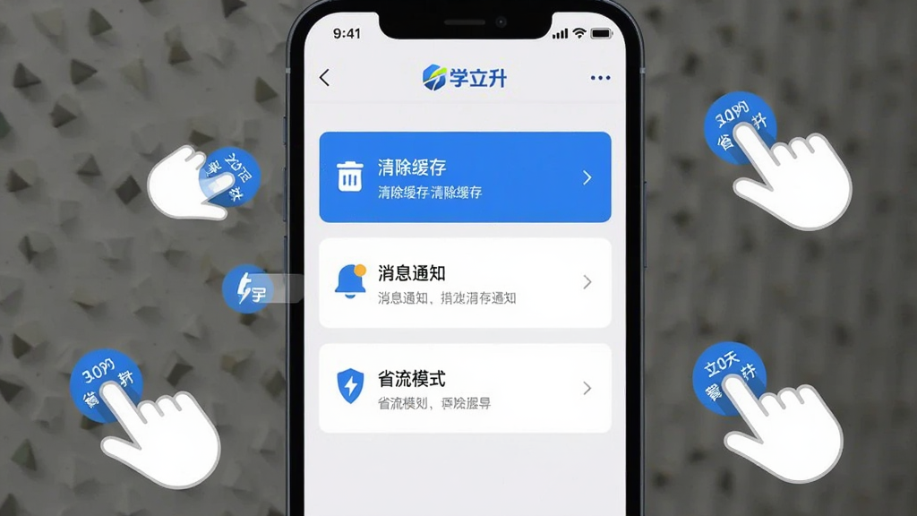 ����������һ���ֻ�չʾѧ���������ý��棬�����и�����ʾ��������桱����Ϣ֪ͨ����ʡ��ģʽ����ѡ�����Ϊ�����ֻ�������У���Χ����ָ�����ʾ��ͼ�ꡣ���Ϊ��ˬ��ƽUI��ƣ�ɫ���԰�ɫ����ɫΪ����ϸ����ÿ��ѡ�����м��˵�����֣�����ɾ����ࡣ�����������޶���Ԫ�ء�