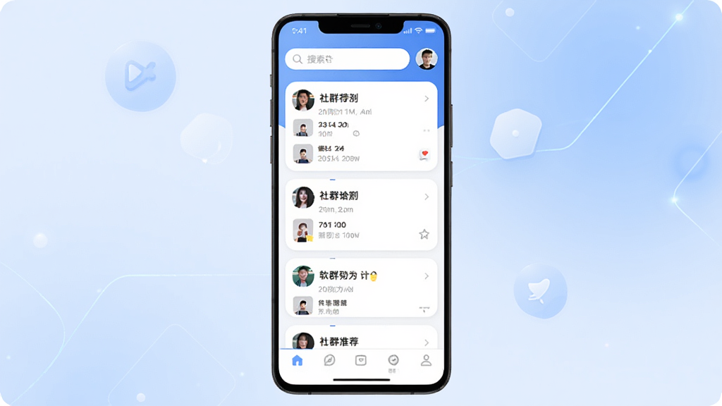 Ⱥ��������������ȫòչʾ������Ϊһ����׿�ֻ����з��ã���Ļ�ڳ���Ⱥ����APP����Ⱥ�б�ҳ�棬���ֲ������½ṹ������Ϊ���������û�ͷ���в�Ϊ��Ƭʽ��Ⱥ�Ƽ������ײ�Ϊ�����˵���������Ϊ�ִ���Լ�Ƽ��磬ϸ�ڰ���Բ��ͼ������͵���ɫ���䱳�������������ɾ��޶���Ԫ��