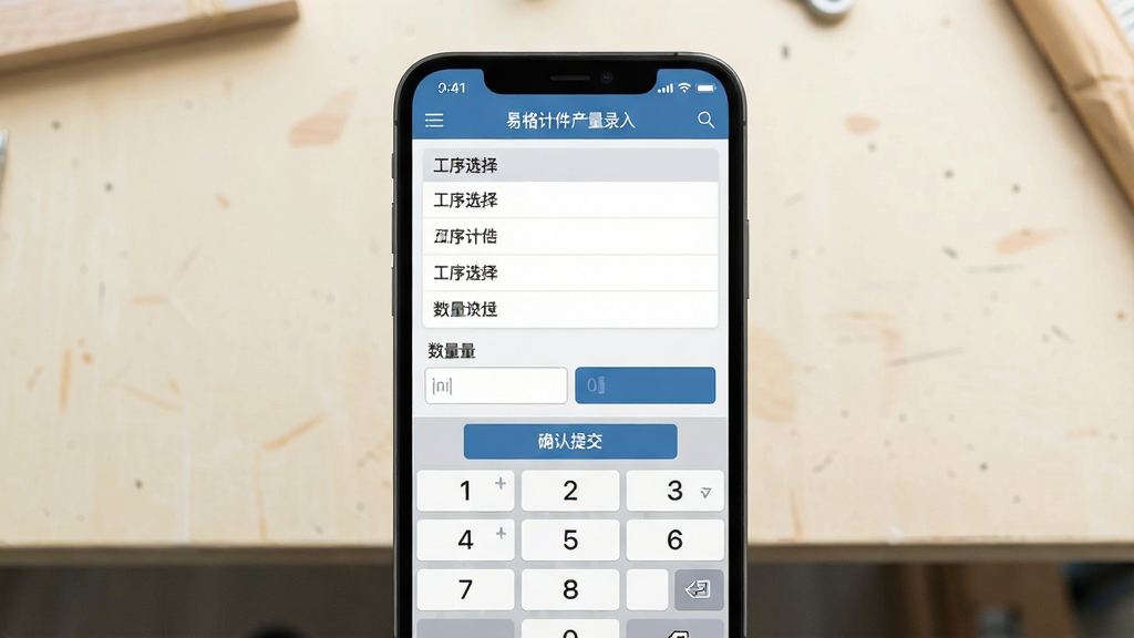一张展示易格计件产量录入界面的图片,画面主体为手机屏幕特写,屏幕中显示工序选择列表与数量输入框,下方有确认提交按钮,背景为简洁的浅色工作台面,布局为居中构图,风格为扁平化UI展示风,细节包含数字键盘与工序名称标签,画质清晰,干净,无多余元素。