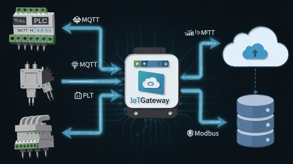 一张展示 IoTGateway 多协议转换功能的示意图,画面左侧是各种工业设备图标如PLC、传感器,中间是 IoTGateway 的软件图标作为枢纽,右侧是云平台和数据库图标,通过发光的箭头连接,风格为扁平化科技插画,细节包括协议名称标签如