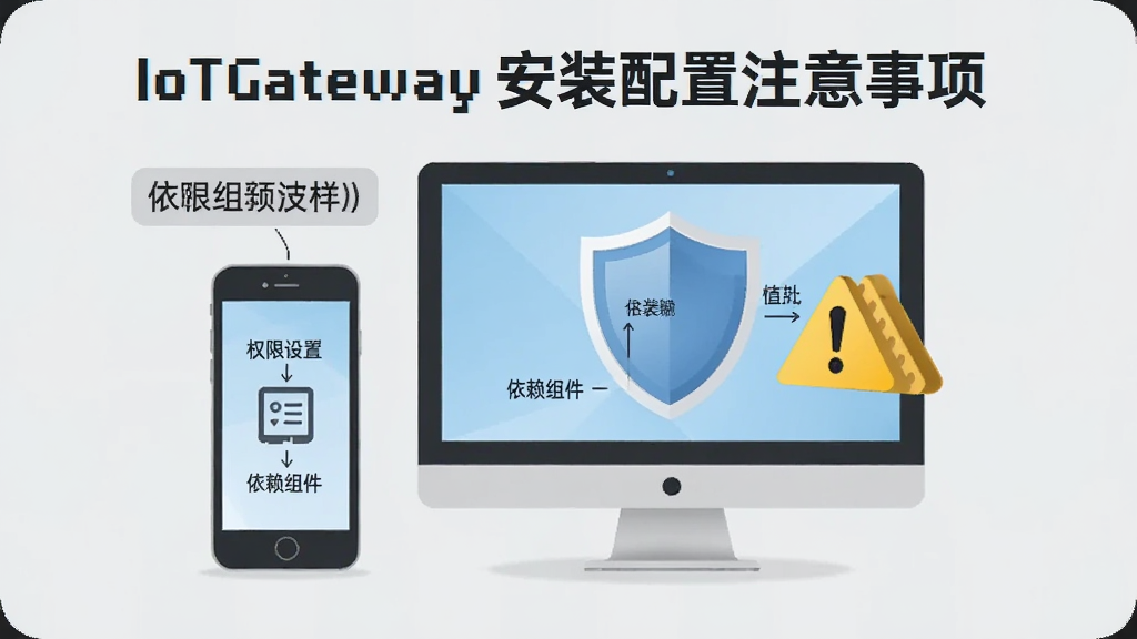一张展示 IoTGateway 安装配置注意事项的提示卡片图,画面中是一个手机和电脑并排的示意图,旁边有盾牌图标和警告标志,背景是浅灰色,风格为信息图,细节包括文字标签如