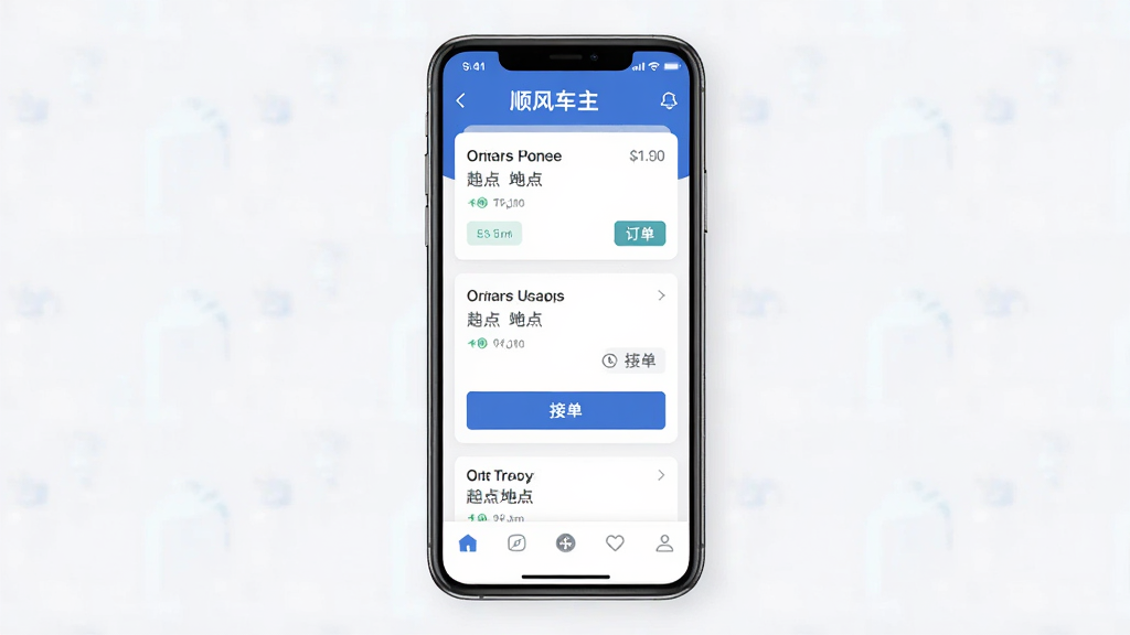 顺风车主出行司机应用主界面展示图,主体是一部智能手机屏幕,屏幕上显示顺风车主出行司机的订单列表页面,布局为顶部状态栏、中间订单卡片、底部导航栏,排版简洁清晰,风格为现代扁平化科技风,细节包括订单起点终点信息、时间标签、接单按钮,画质高清,干净,无多余元素