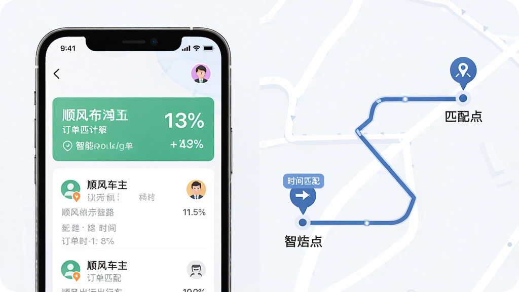 顺风车主出行司机智能订单匹配功能展示图,主体是手机屏幕与路线示意图的结合,布局为左侧手机界面展示订单推送列表,右侧用简洁线条绘制起点到终点的路线匹配示意,排版左右分栏,风格为清爽商务风,细节包括顺路百分比标签、时间匹配图标、车主头像,画质高清,干净,无多余元素