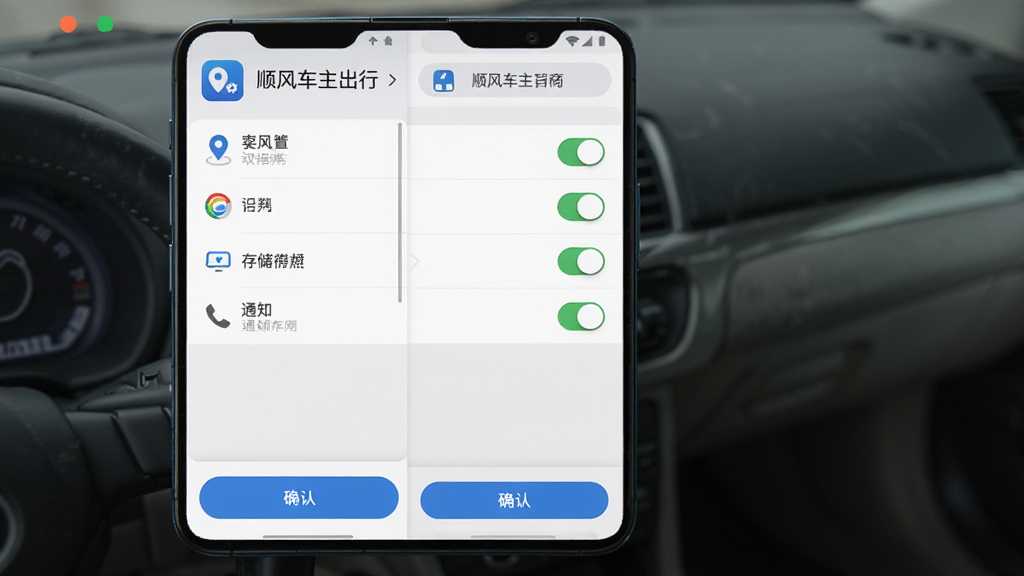 顺风车主出行司机手机权限设置界面示意图,主体是手机屏幕展示应用权限管理页面,布局为顶部应用名称、中部权限列表、底部确认按钮,排版纵向清晰,风格为简约系统风,细节包括定位、存储、通知权限开关图标,画质高清,干净,无多余元素