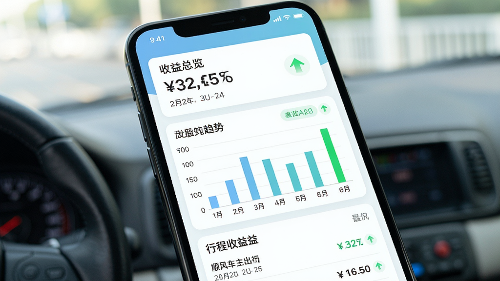 顺风车主出行司机收益明细页面展示图,主体是手机屏幕特写,布局为顶部收益总览卡片、中部柱状图趋势、底部行程收益列表,排版纵向排列,风格为清新浅色金融风,细节包括金额数字、日期标签、绿色上升箭头,画质高清,干净,无多余元素