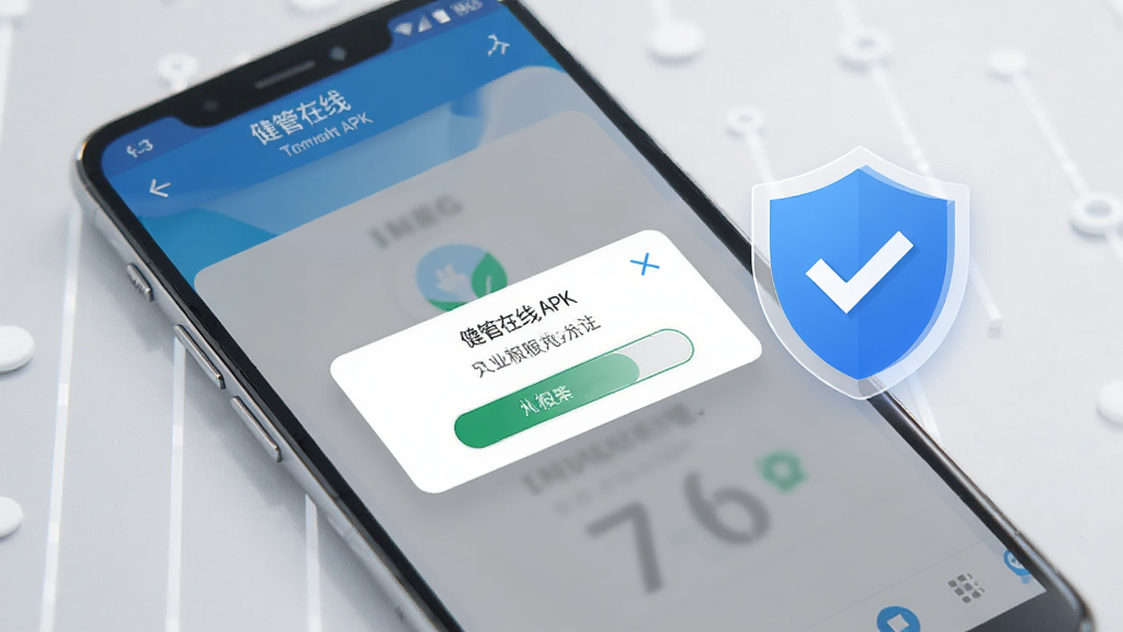 画面展示一部安卓手机正在安装“健管在线”APK,屏幕上出现权限允许弹窗,旁边有盾牌图标和勾选标记。背景为浅灰色,风格简洁科技感,色调以蓝色和白色为主,画面干净,高清画质,无多余元素。