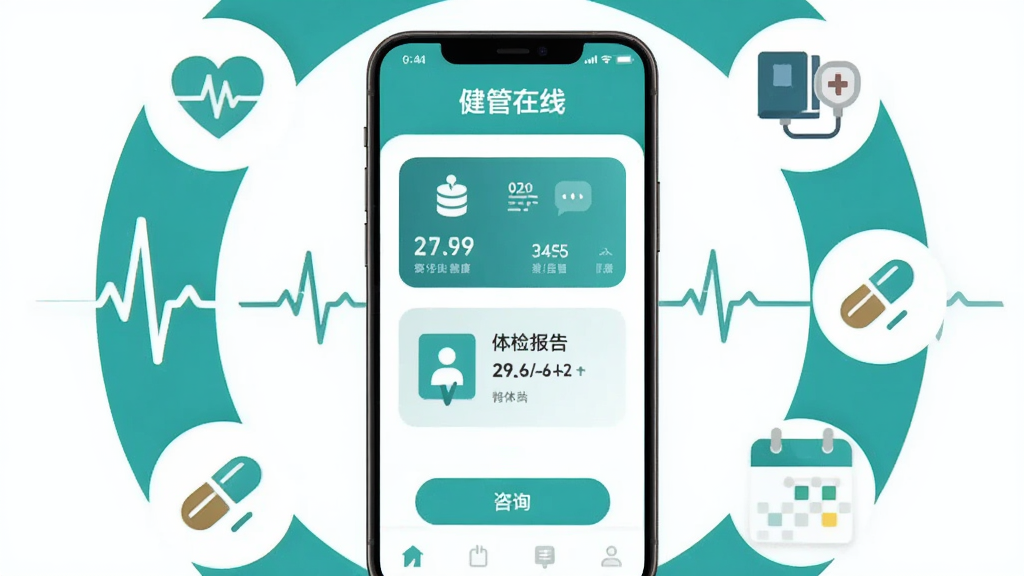 画面中央是一部智能手机,屏幕上显示“健管在线”应用主界面,界面包含健康数据卡片、体检报告入口和咨询按钮。手机周围环绕着心电图线条、血压计图标、药丸图标和日历提醒图标,形成环形布局。整体采用扁平化插画风格,色调以青绿色和白色为主,画面干净整洁,无多余元素,高清画质,适合软件下载站展示。