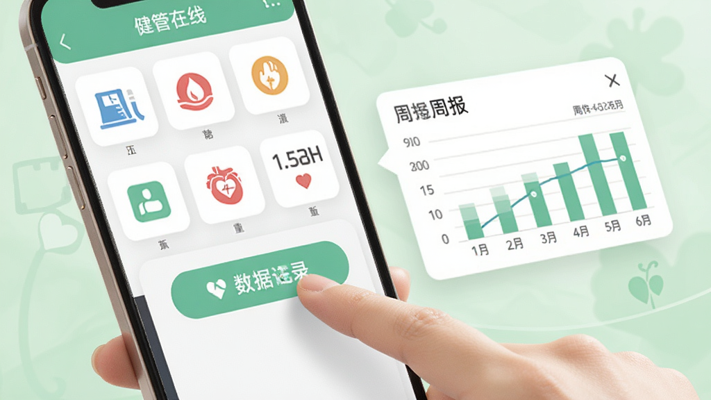 画面中一只手正在手机上点击“健管在线”的数据记录按钮,屏幕显示血压、血糖、体重等图标排列整齐,旁边有周报图表弹出。背景为柔和的浅绿色,整体风格清新明快,画质干净,突出健康记录的便捷感。