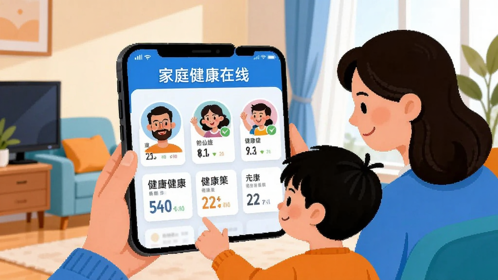 画面展示一家三口围绕手机屏幕,屏幕上显示“健管在线”家庭健康档案页面,有三位家庭成员的头像和各自健康数据卡片。背景为明亮的客厅,风格温馨扁平插画,色调以蓝色和橙色为主,画质清晰,无多余元素。