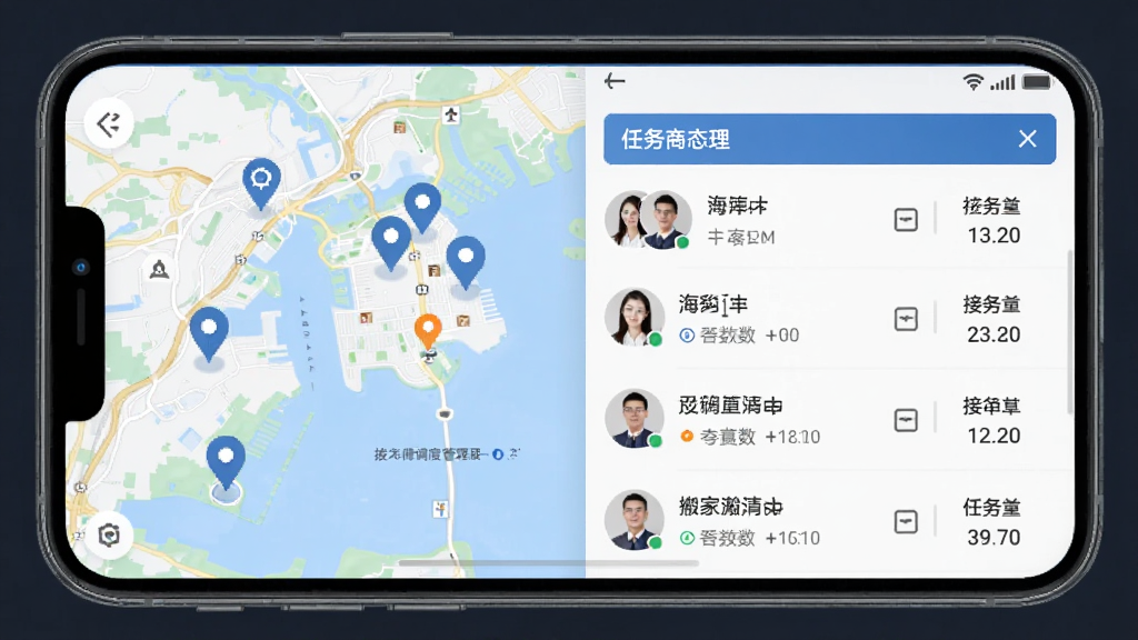 ��������̼Ұ�ʦ�����ȹ������棬�ֻ���Ļ��ʾ��ͼ�϶��ʦ��λ�ñ�Ǻ�����״̬�б�����ͷ��ͽӵ�������ʾ�����������������ɫ����������
