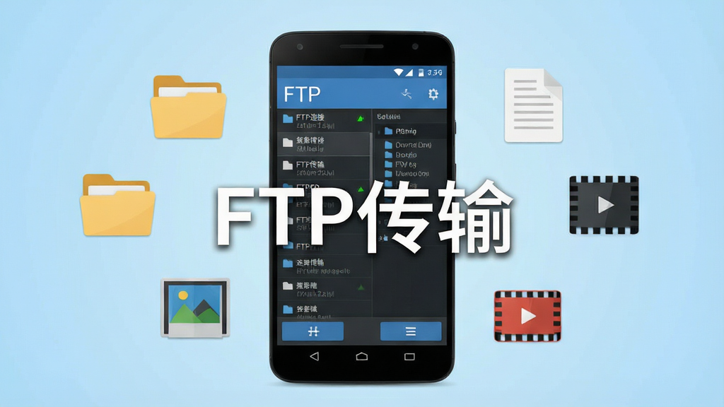 һ��չʾFTP�����������Ĺ��ܵ��ֻ�Ӧ�ý����ͼ������������һ����׿�ֻ�����Ļ����ʾ��FTP�����б����ļ�Ŀ¼���ֻ���ΧƯ�����ļ��С��ĵ���ͼƬ����Ƶ��ͼ�꣬�����Ǽ���ǳ��ɫ���䣬���Ϊ��ƽ���Ƽ��磬ϸ�ڰ��������İ�ť��״ָ̬ʾ�ƣ����ʸ��壬����ɾ����޶���Ԫ�أ�ͼƬ�����ֱ�ע��FTP���䡱��