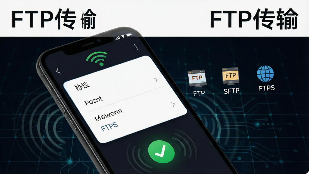 һ��չʾFTP���������������ý����ͼƬ�������������ֻ���Ļ�ϵ�Э��ѡ��˵����Ա���FTP��SFTP��FTPS��ͼ���ǩ����������ɫ�Ƽ������񣬷��Ϊ�ִ���Լ��ϸ�ڰ����źŲ��ƺ����ӳɹ�����ɫ�Թ�ͼ�꣬��������������ɾ����޶���Ԫ�أ�ͼƬ�����ֱ�ע��FTP���䡱��