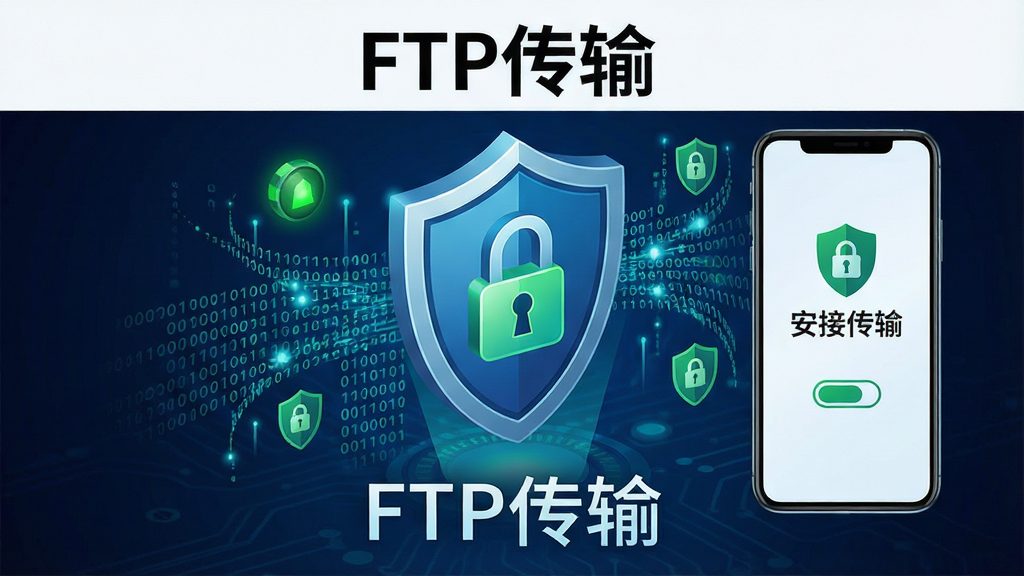 һ��չʾFTP����������ȫ���ܹ��ܵ�ͼƬ������������һ������ͼ��ͼ���������Χ�������������Ͷ����ƴ��룬�ֻ���Ļ��ʾ��ȫ�����ѽ���������������ɫ�Ƽ����������Ϊ��ȫ�������⣬ϸ�ڰ�����ɫ��ȫָʾ�ƺͼ��ܱ�ʶ�����ʸ��壬����ɾ����޶���Ԫ�أ�ͼƬ�����ֱ�ע��FTP���䡱��
