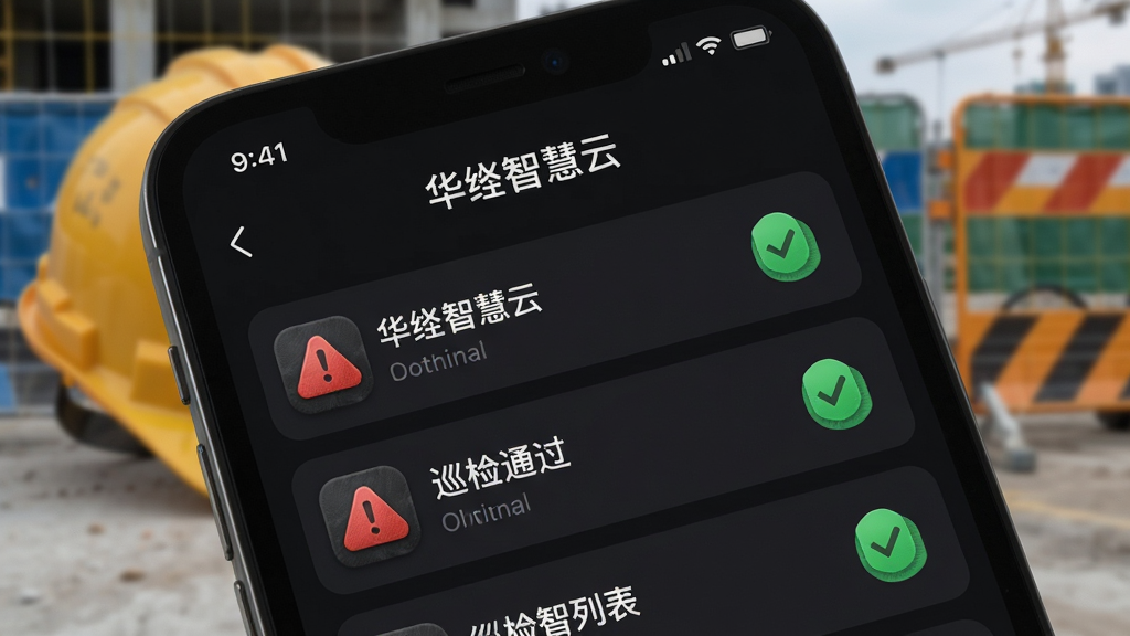 �ֻ���Ļ��д��ʾ�����ǻ��ơ���Ѳ���б����棬�к�ɫ��ʾͼ�����ɫͨ��ͼ�꣬������ģ���İ�ȫñ��ʩ��Χ�������������ɫģʽUI��񣬲���ͻ���б�����״̬��ǩ��ϸ�ڱ���ͼ���ʸУ������������ɾ����޶���Ԫ��