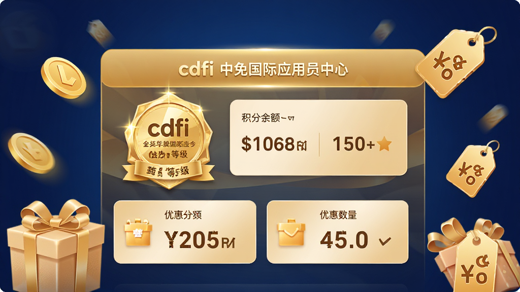 ��������չʾcdfi�������Ӧ�õĻ�Ա����ҳ�棬ҳ���ڰ�����Ա�ȼ����¡��������Ż�ȯ������ģ�飬��Χ���ƽ�ҡ���Ʒ�С��ۿ۱�ǩ��Ԫ�أ����ֲ������½ṹ�����Ϊ��ů��ɫ�Ļ�Ա�������ϸ����ͻ�����µĹ������������ֵ���Ŀ�ȣ����������ɾ�������Ϊ����ɫ���䣬�޶���Ԫ�ء�