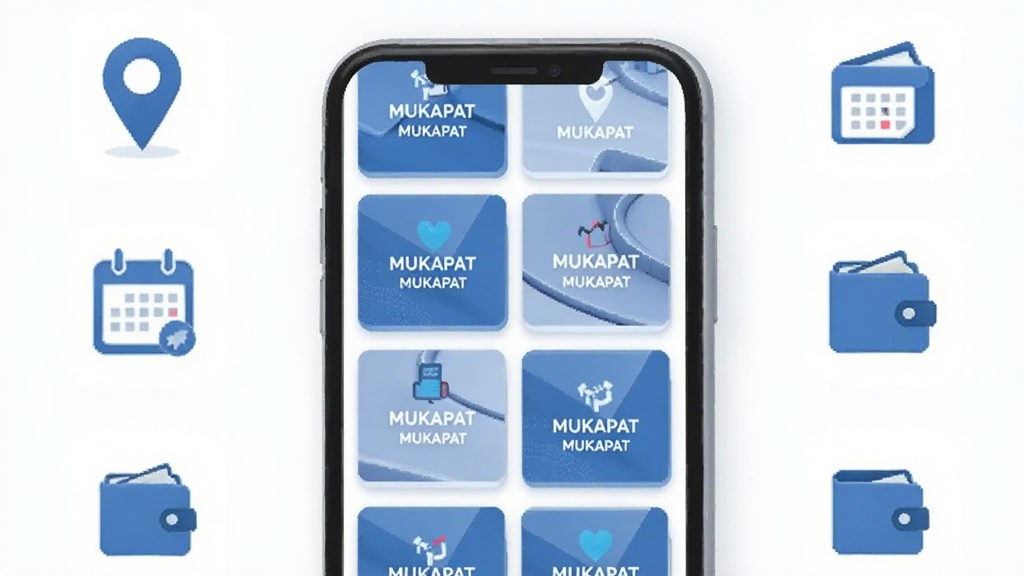 一张展示MUKAPAT功能模块的预览图,画面中央一部手机屏幕显示多个功能卡片整齐排列,卡片上有