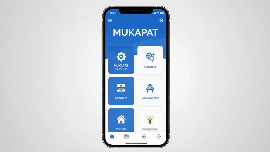 一张展示MUKAPAT软件主界面的预览图,画面中央放置一部现代智能手机,屏幕显示蓝色与白色为主色调的应用首页,页面顶部有
