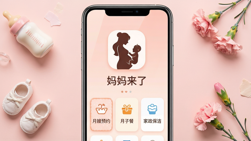 �����������һ�������ֻ�����Ļ��ʾ���������ˡ�Ӧ����ҳ���棬�Ϸ����и���Ӥ���ļ�Ӱͼ�꣬�·�������ɩԤԼ�����Ӳ͡����������������ܿ�Ƭ����������ܰ��ǳ��ɫ���䣬���������׺��ƿ��Ӥ��Ь������ܰ��С��������岼�־��жԳƣ������ů��ͣ�ϸ�ڸɾ����࣬���ʸ��壬�޶���Ԫ�ء�