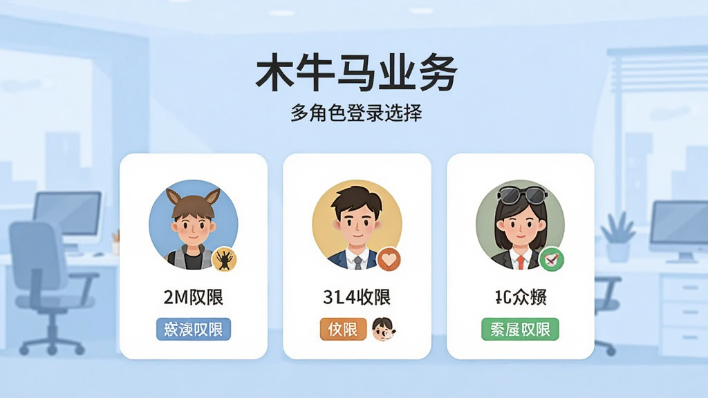 һ����׿�ֻ���Ļ��չʾ��ľţ��ҵ�񡱶��ɫ��¼ѡ����棬������ɫͷ�������У�����Ϊ����ɫ�칫����������Ϊ���½ṹ���Ϸ������·���ɫ��Ƭ�����Ϊ�������廭��ϸ�ڰ�����ɫͼ����Ȩ�ޱ�ǩ�������������ɾ����޶���Ԫ��