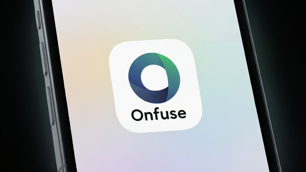 һ��չʾ�����ֻ���Ļ��ͼƬ����Ļ������ʾ��Onfuse��Ӧ��ͼ�꣬ͼ��Ϊ���ļ���ͼ����ϣ�����Ϊǳɫ���䣬�ֻ���Χ����΢��������Ч��������ɾ��ִ����Ű���У�ϸ�����������ʸ��壬�޶���Ԫ��