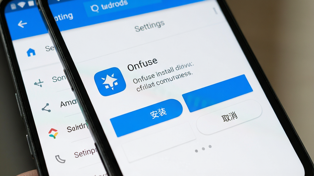 һ��չʾ��׿�ֻ���װӦ�ù��̵�ͼƬ���������ֻ���Ļ��ʾ��Onfuse����װȷ�Ͻ��棬�С���װ���͡�ȡ������ť������Ϊ��׿ϵͳ����ҳ�棬����࣬��ɫΪ��ɫ����ɫ��ϸ�����������ʸɾ�